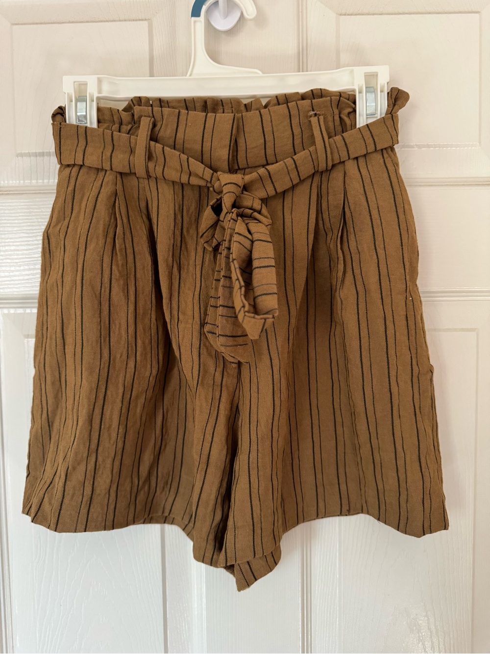 H&M Brown Striped High-Waist Paperbag Shorts with Tie Belt